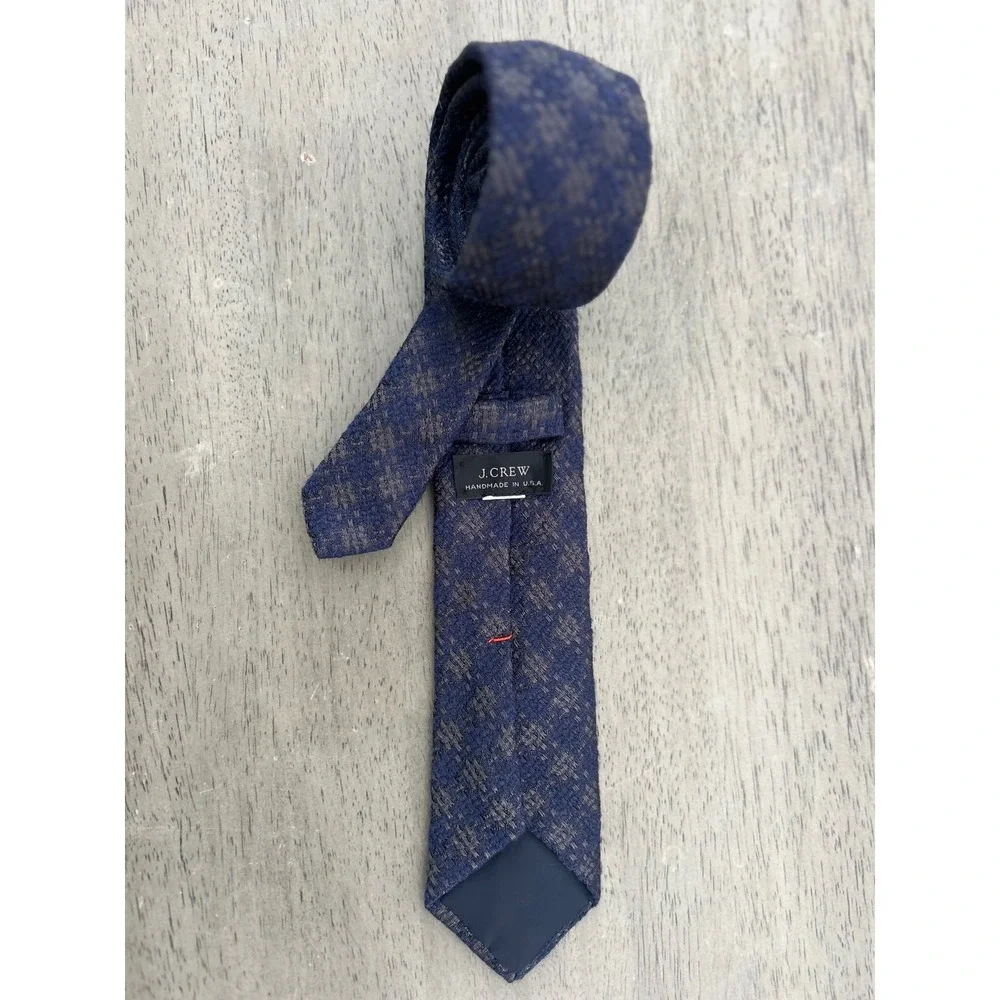 J.Crew Mens Navy Blue Brown Textured Geometric Necktie Handmade in USA‎ Slim Tie